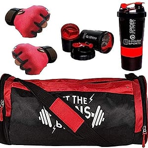 5 O'CLOCK SPORTS Combo of Red Polyester Gym Bag with Shoe Compartment, Red Gym Gloves and Red 500 ml Spider Shaker Bottle Gym kit for Men and Women ll Gym Bag with Shoe Compartment Gym & Fitness Kit