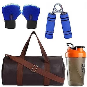 AV Brands New Version Sports Combo of (Brown) Leather Gym Bag Gloves (Black), Hand Gripper (Blue) and Life is a Sport Shaker Bottle (Green) Gym/Fitness Kit/Combo/Gym Accessories/Gym Kit
