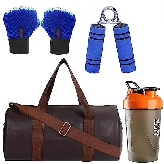 Sports Combo of (Brown) Leather Gym Bag Gloves (Black) Hand Gripper (Blue) Shaker Bottle